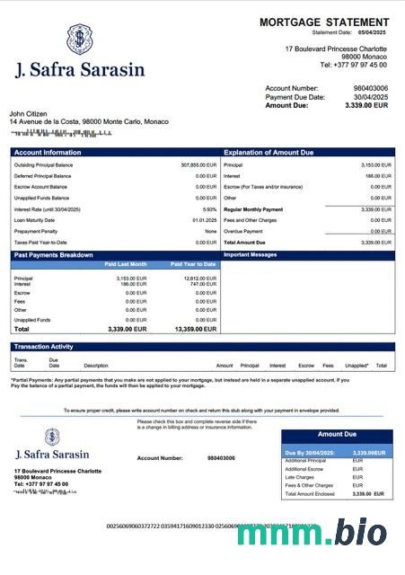 Monako Banque J. Safra (Monaco) wyciąg z kredytu hipotecznego szablon Word i PDF